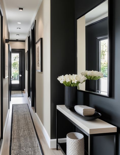 Narrow Vestibule Ideas, Long Narrow Hallway Ideas Modern, Entry Long Hallway Ideas, Dark Neutral Entryway, Painted Trim Entryway, Black And White Entryway Ideas, Townhome Entryway Decor, Coridorio Design Home, Narrow Landing Ideas Upstairs