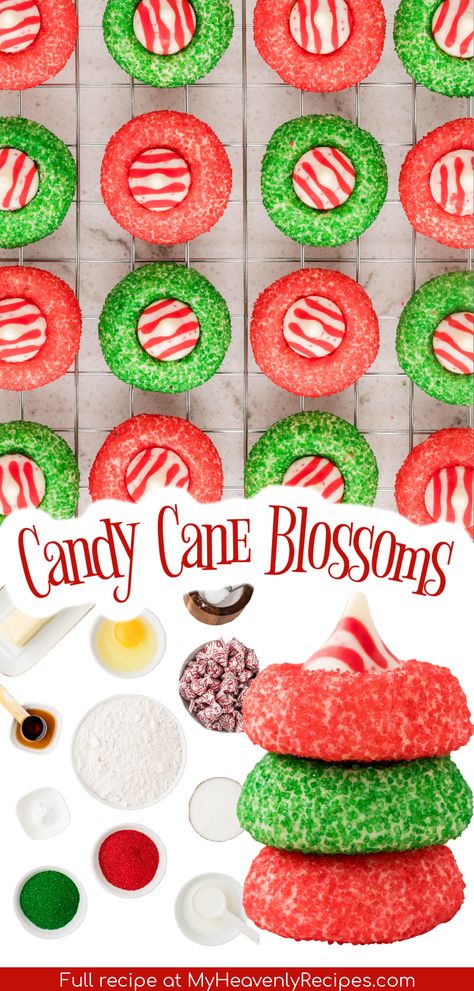 peppermint blossoms Candy Cane Blossoms Recipe, Candy Cane Blossoms, Peppermint Blossoms, Christmas Party Dessert, Canning Veggies, Peppermint Kisses, Unique Christmas Cookies, Christmas Desserts Party, Cookie Exchange Party