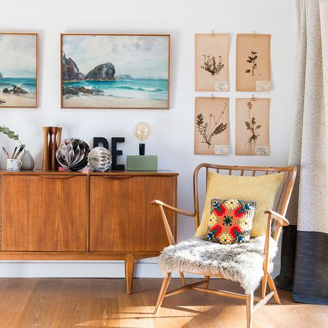 Ercol Living Room Ideas, Styling A Credenza, Retro Scandinavian Interior, Ercol Sideboard, Ercol Armchair, Sideboard Styling, Scandi Living Room, Formal Lounge, Ercol Furniture