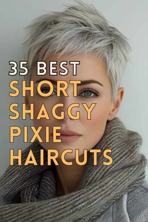 35 Cute Short Shaggy Pixie for Modern Women Ladies Pixie Haircuts, Short Gray Pixie Haircuts, Shaggy Wedge Haircut, Short Pixie Haircut For Thick Hair, Pixie Back View Short, Different Short Haircuts For Women, Sassy Pixie Haircut Over 50, Short Grey Pixie Haircut, Short Grey Haircuts Over 50 Silver Hair