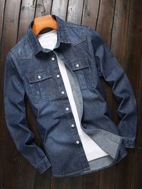 Dark Wash Casual Collar Long Sleeve Denim Plain Shirt Embellished Non-Stretch Men Clothing Men Jeans Shirt Style, Jean Shirt Men, Denim Shirt Outfit, Male Trousers, Casual Denim Shirt, Stylish Men Wear, Fitted Denim Shirt, Denim Shirt With Jeans, Western Denim Shirt