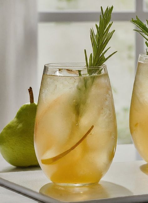 Pear Mocktail, Pear Drink, Pear Drinks, Fig Syrup, Easy Mocktails, Hosting A Brunch, Ripe Pears, Rosemary Syrup, Mocktail Drinks