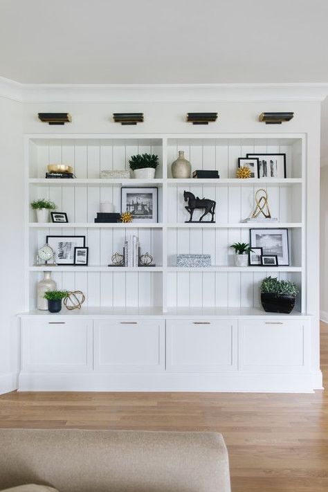 Modern Farmhouse Family Room Shelves - Part of a Fabulous Sophisticated Chic Modern Farmhouse Home Tour Modern Farmhouse Family Room, Chic Modern Farmhouse, Farmhouse Family Rooms, Stylish Bedroom Design, Modern Farmhouse Home, White Interior Design, Farmhouse Remodel, Black And White Interior, Room Shelves