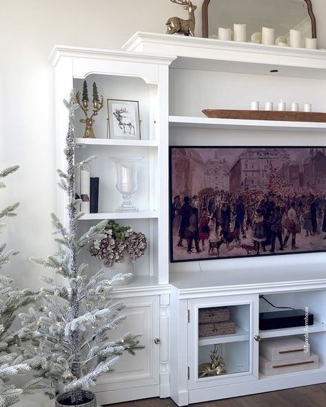 Entertainment Center Shelf Decor, Tv Hutch, Entertainment Center Shelf, Hutch Decor, Entertainment Center Decor, Decorating Styles, Hutch, Shelf Decor, Entertainment Center