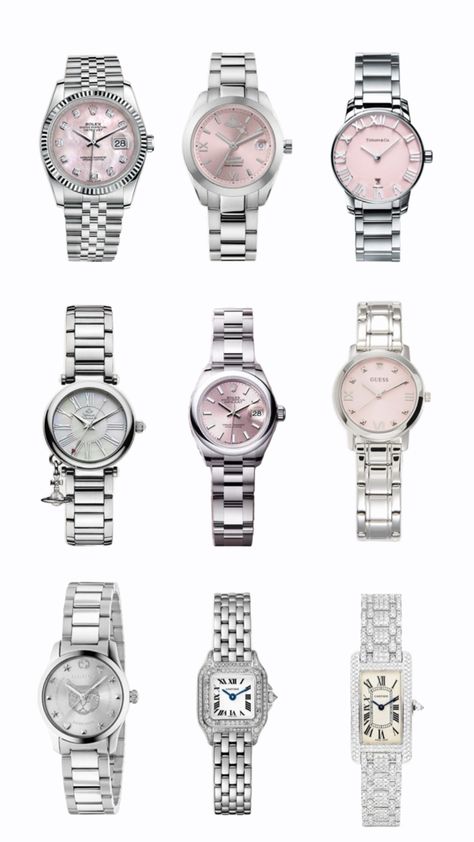 #watch#silver#rosa#pink#hellokitty#urspiderverse#aesthetic#viviennewestwood#cartier#pinterest Silver Watch Aesthetic, Elegant Watches Women, Pandora Bracelet Designs, Sixth Form, Wishlist 2024, Cute Watches, Pink Perfume, Pink Watch, Hacks Clothes