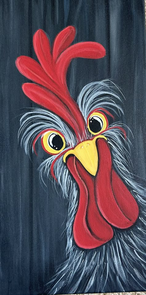 Crazy Chicken Painting, Whimsical Rooster Painting, Whimsical Canvas Painting Ideas, Rooster Painting Easy, Pictures Of Roosters, Diy Chicken Painting Easy, How To Paint A Chicken, Chicken Painting Whimsical, Chicken Pictures Art