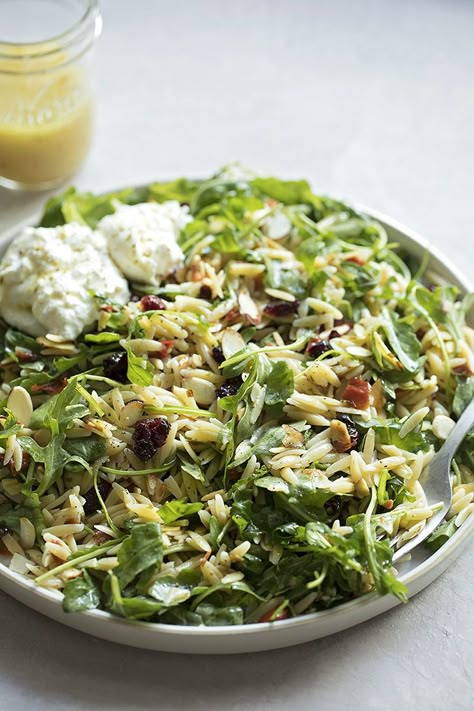 Orzo Burrata Salad, Orzo Spaghetti, Orzo Arugula Salad, Orzo Arugula, Lemon Basil Vinaigrette, Salad Arugula, Orzo Salad Recipes, Basil Vinaigrette, Orzo Salad