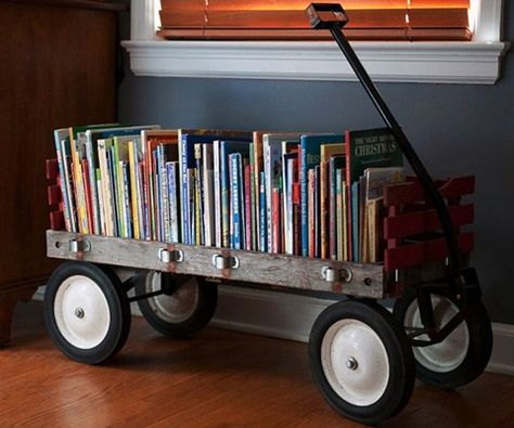 Love this wagon bookshelf! Such smart toy organization! Lots Of Books, Old Wagons, Home Libraries, Book Storage, Main Game, Toy Organization, Recycled Crafts, Home Library, Baby Boy Nurseries