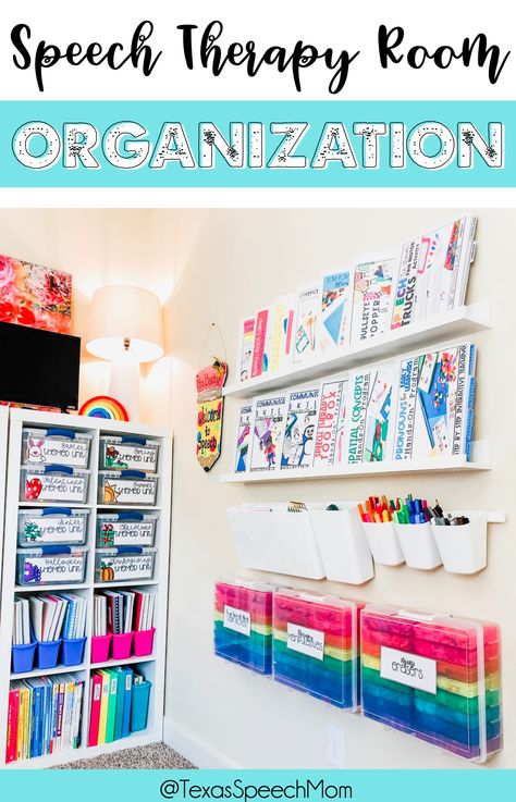 A comprehensive system created to help minimize the clutter and organize your speech-language therapy materials. Includes 130 organization storage labels (months, seasons, holidays, common themes, supplies, toys, speech therapy activities) plus an SLP theme planner. All labels come in color, black/white, and 9 different sizes. #organization #speechtherapyroom #speechoffice Speech Therapy Office Private Practice, Speech Classroom Decor, Speech Therapy Organization, Play Therapy Room, Slp Organization, Preschool Speech Therapy, Speech Therapy Games, School Speech Therapy, Therapy Office Decor