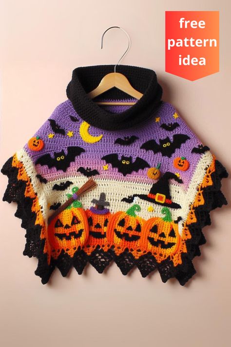 Crochet this fun Halloween poncho with bats, pumpkins, and witchy details. Perfect for staying cozy during the spooky season! Easy To Sew Halloween Costumes, Halloween Shawl Crochet Pattern, Crochet Fashion Accessories, Witch Granny Square, Crochet Kids Toys Free Pattern, Large Crochet Projects, Crochet Patterns Easy Beginner, Crochet Autumn Sweater, Halloween Crochet Sweater