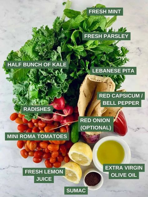 Kale Fatoush Salad - a healthier take. - Salads with Anastasia Fatoush Salad Recipe, Salad Kale, Fattoush Salad, Radish Salad, Fresh Salad Recipes, Fresh Salad, Mediterranean Food, So Satisfying, Aromatic Herbs