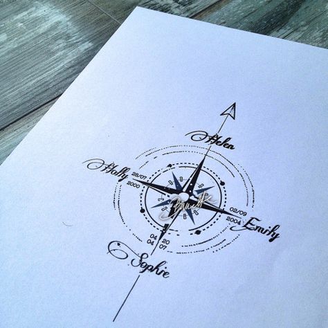 Compass with names. Compass With Names Tattoo, Compas Tattoo, Compass Tattoos, Friendship Tattoo, Compass Tattoo Design, Tattoos With Kids Names, Geniale Tattoos, Dad Tattoos, Name Tattoo Designs