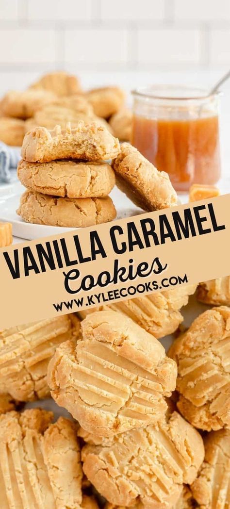 Simple Vanilla Caramel Cookies are easy to make, and filled with aromatic vanilla and sweet caramel, this recipe makes a wonderful tasting treat! Vanilla Desserts Recipes, Cookie Jar Cookies Recipes, Call Baking Recipes, Easy Amazing Cookie Recipes, Call Cookie Recipes, Caramel Sauce Cookies, Vanilla Caramel Cookies, Best Vanilla Desserts, Home Made Cookie Recipes