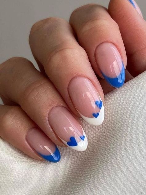 45+ Cute Heart Nails to Get You in the Valentine's Day Mood | The KA Edit French Tip Blue Heart, French Tips On Short Nails, Blue And White Nail Designs, Heart French Tip, Nail 2024, Nail Short, Romantic Blue, French Tip Press On Nails, Blue French Tips