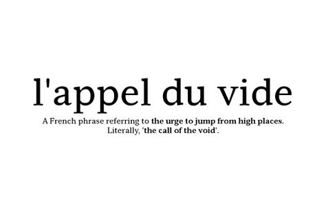 L'appel du vide is that tiny voice that tells you to jerk the steering wheel just to the right and take a flying leap off the ledge...that inclination to walk right into the ocean and never return...the call of the Siren song. L'appel Du Vide Tattoo, The Call Of The Void, Call Of The Void, Latin Quotes, Devils Night, Unique Words Definitions, French Phrases, Unusual Words, Rare Words