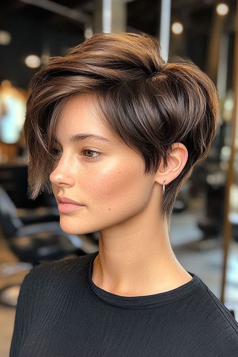 Sleek Chocolate Pixie, effortless pixie haircut, short haircuts for women Preppy Pixie Haircut, Short Hair Cuts For Girls 12, Pixie Brunette Hair, Short Brunette Hair Pixie, Short Girls Haircut, Dark Brown Pixie Haircut, Light Brown Pixie Haircut, Leo Haircut, Girl Short Haircut