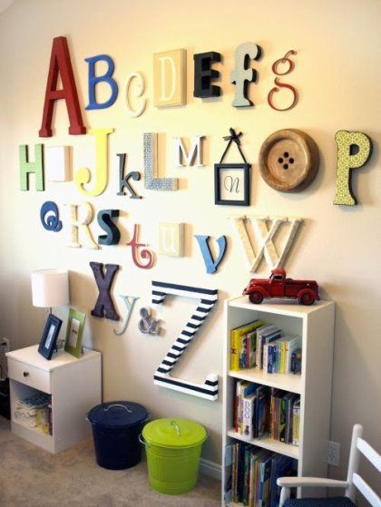 Took this idea and put it in our playroom! Looks outstanding! @Sarah Adams cute for Olivia's playroom again. Alphabet Wall Decor, Abc Wall, Original Wall Decor, Alphabet Wall, Toddler Bedrooms, Toy Rooms, Big Boy Room, Toddler Room, Wooden Letters