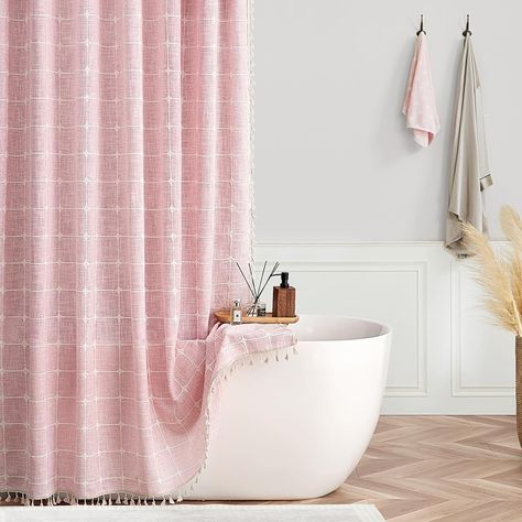 Amazon.com: Boho Farmhouse Shower Curtain Pink Linen Heavy Duty Fabric Shower Curtain Set with Tassel,36x72 Shabby Chic Cute Modern Bohemian Waffle Weave Textured Thick Shower Curtain for Narrow Bathroom. : Home & Kitchen Small Shower Stalls, Boho Modern Farmhouse, Country Bathroom Decor, Girls Shower Curtain, Farmhouse Shower Curtain, Cloth Shower Curtain, Pink Shower Curtains, Stall Shower, Farmhouse Shower