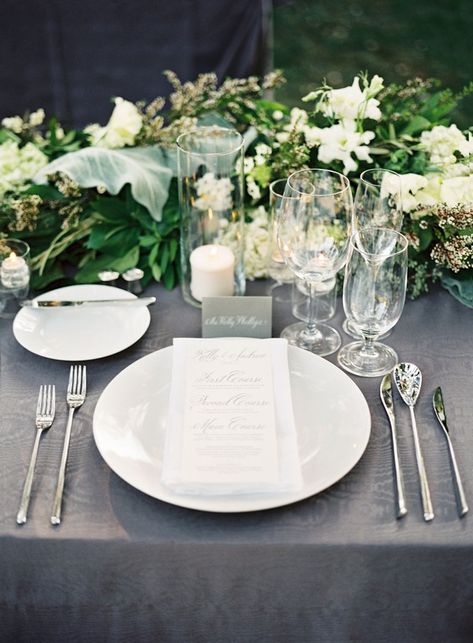 Elegant Gray and White Place Settings#wedding #weddings #weddingcolors #himisspuff #weddingideas Thanksgiving Decorations Outdoor, Gray Wedding Colors, Reception Table Settings, Wedding Place Settings, בר מצווה, Wedding Reception Tables, Gray Weddings, Wedding Table Settings, Wedding Tablescapes