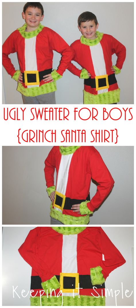 Diy Grinch Shirts For Kids, Diy Grinch Shirt, Grinch Ugly Sweater, Grinch Hair, Fun Christmas Outfits, Diy Grinch, Sweater For Boys, Grinch Costumes, Diy Christmas Sweater