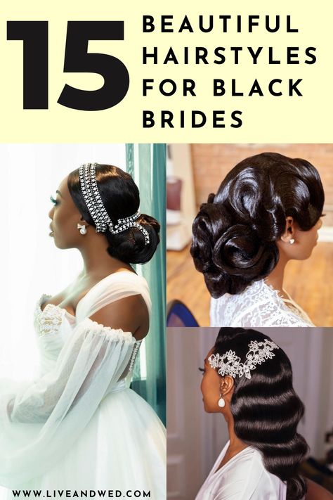 Three black women showing their bridal hairstyle. Wedding Ponytails For Black Women, Elegant Ponytail Hairstyles Wedding Black Women, Black Wedding Ponytail Hairstyles, Engagement Pictures Hairstyles Black Women, Wedding Hair For African American Women, Black Brides Natural Hairstyles, Black Hair Styles For Wedding, Regal Hairstyles Black Women, Half Up Half Down Wedding Hair With Veil Black Women