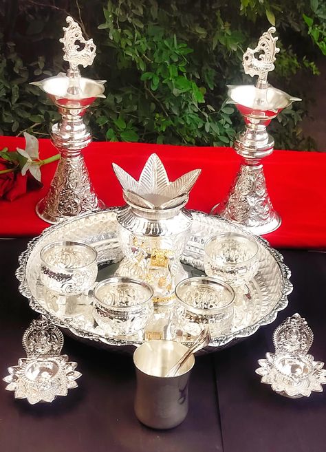 Silver Plates For Pooja, German Silver Pooja Items, Silver Pooja Thali, Form Generation, Sugar Cane Plant, Banana Trees, House Warming Party, Polish Style, Diwali Pooja