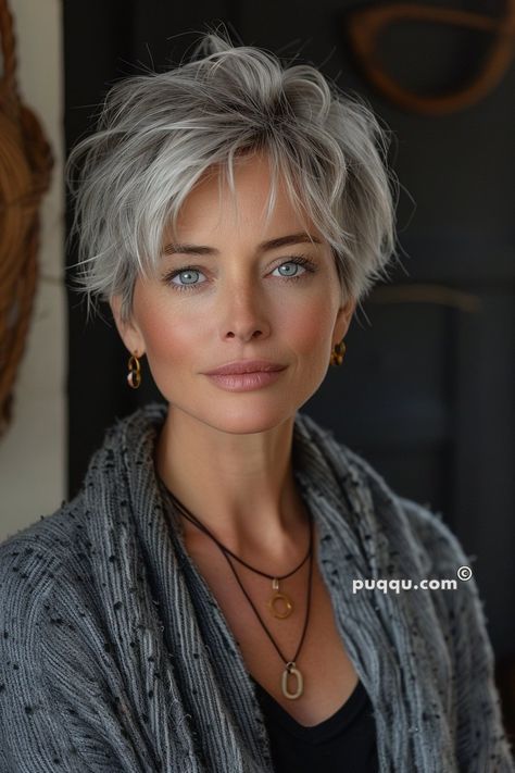 Short Pixie Grey Hair, Pixie Haircut Thick Wavy Hair, Best Colors To Wear With Gray Hair, Pixie Shag Haircut Over 50, Grey Hairstyles Over 50, Messy Long Pixie, Pixie Haircuts For Women Over 60, Grey Shag Hairstyles, Short Gray Hairstyles Over 60