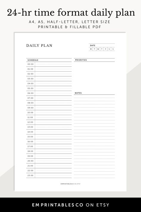 This printable 24-hour daily plan features everything you need to take control of your day, including sections for priorities, notes, and a 24-hour time format schedule with guidelines for 30-minute intervals. With the added bonus of a fillable PDF option, this planner is perfect for anyone looking to streamline their daily routine and stay on top of their goals. School To Do List Printable, Good Notes Daily Planner, Wallpaper Nike, Daily Planner Notepad, Daily Routine Schedule, Planner Minimal, Daily Planner Hourly, Daily Schedule Template, Study Planner Printable