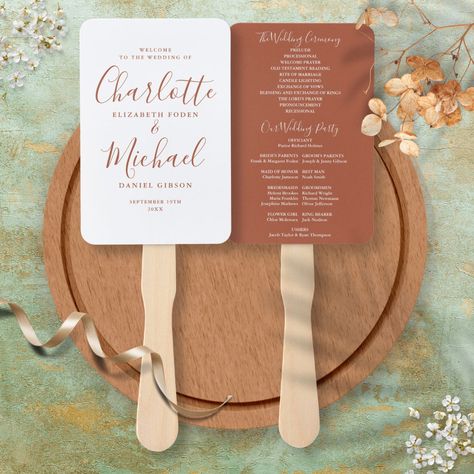 Fall Wedding Terracotta, Wedding Terracotta, Typography Minimalist, Program Wedding, Terracotta Wedding, Wedding Program Fans, Program Fans, Wedding Fans, Personalised Wedding Invitations