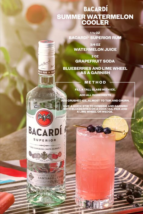 Raise the bar from your at-home bar with the BACARDÍ Summer Watermelon Cooler cocktail, now available at your nearest 4th of July BBQ. #DoWhatMovesYou #BacardíWatermelonCooler #Bacardí #Rum Cocktails With Bacardi Rum, Mixed Drinks With Bacardi, Bacardi Drinks Recipes Easy, Bacardi Cocktails Recipes, Bacardi Drinks Recipes, Cocktails With White Rum, Drinks With Bacardi, Bacardi Mixed Drinks, Bacardi Rum Drinks