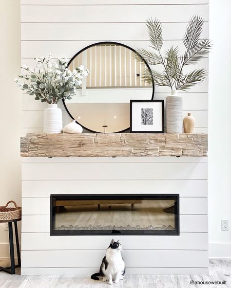 Mantle Decor Modern, A House We Built, Mirror Over Fireplace, Chimney Decor, Farmhouse Mantle, Living Room Fireplace, Living Room Mantel, Fireplace Mantle Decor, Room Fireplace