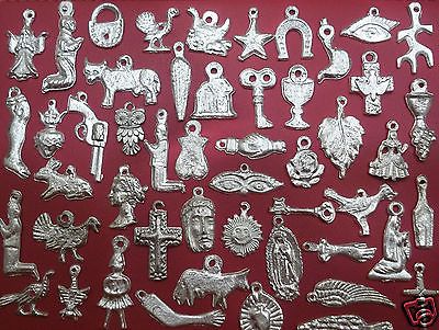 100 SILVER Tone Mexican Folk Art Milagros Exvoto Nicho Retablo Charms Milagros Charms, Mexican Milagros, Hispanic Artists, Mexican Furniture, Mexican Jewelry, Art Carved, Mexican Culture, Mexican Art, Mexican Folk Art