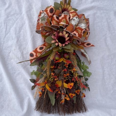 Handmade, Cinnamon, Scented Broom, Stick Wreath/Door Hanger Fall/Halloween Decor 34”Lx12”Wx6”D Beautiful, Large Sunflower And Pumpkin Bow With Rusted Maroon And Yellow Sunflowers, Orange Berries, And Leaves Wheat Grass And Eucalyptus Fall Broom, Burlap Cross Wreath, Burlap Halloween, Patriotic Door Wreath, Stick Wreath, Broom Stick, Christmas Wreath Craft, Easter Wall Decor, Wreath Door Hanger