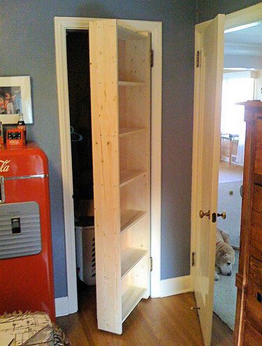 Secret Bookcase Closet Door.  This would be a good addition to the computer room closet door! Bedroom Closet Doors Sliding, Bookcase Closet, Bedroom Closet Doors, Casa Country, Sliding Closet Doors, Secret Door, Small Closet, Building Projects, Closet Door