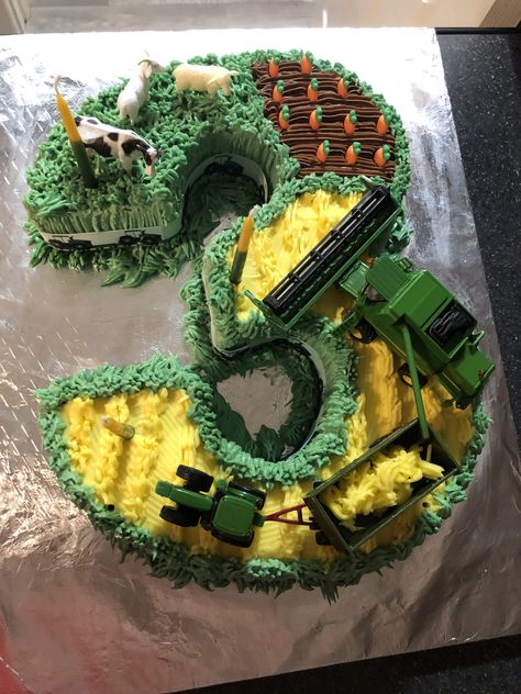 3 Tractor Birthday Cake, Combine Birthday Cake, Tractor Farm Birthday Cake, Tractor Farm Cake, Combine Cakes For Boys, Tractor First Birthday Cake, Birthday Tractor Theme, Tractor 3rd Birthday, Tractor Birthday Cake For Boys