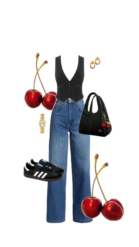 outfit inspo - high waisted straight leg blue jeans, black cropped waistcoat, black samba trainers with white stripes, gold earrings, gold watch, black bag with cherry detail and cherries in the background for the aesthetic Crop Waistcoat Outfit, Cherry Earrings Outfit, Adele Outfits, Outfit Collage Aesthetic, Capsule Wardrobe Black, Sambas Black, Fashion Definition, Black Sambas, Outfit Capsule Wardrobe