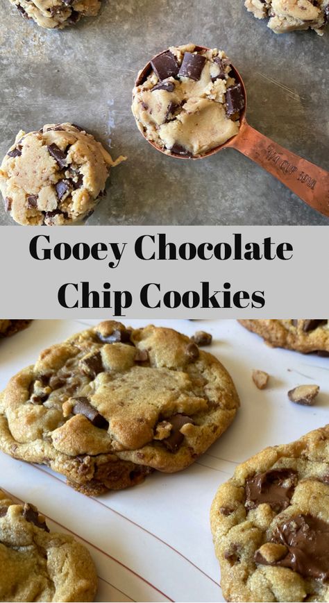 Gooey chocolate chip cookies and chocolate chip cookie dough balls. Best Ooey Gooey Chocolate Chip Cookies, Treats With Chocolate Chips, Best Gooey Chocolate Chip Cookies, Gooey Cookie Recipes, Chewy Gooey Chocolate Chip Cookies, Ooey Gooey Chocolate Chip Cookies, Super Gooey Chocolate Chip Cookies, Ooie Gooie Chocolate Chip Cookies, Crispy Gooey Chocolate Chip Cookies