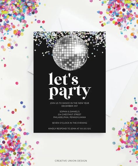 Invite all your friends and family to dance in the new year! No special software required! Easy to edit and print! New Year's Eve 2024 party ideas. Black invitation with silver disco ball. Disco Party Zazzle, Disco Dance Party, Dance Party Invitations, Disco Vibes, Retro Disco, Fun Invitations, New Year's Eve Party, Disco Dance, Disco Party