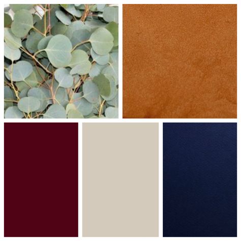 Navy Copper Sage Wedding, Navy Blue And Maroon Bedroom, Dark Navy Colour Palette, Rust Navy Green Color Palette, Burgundy Complimentary Colors, Eucalyptus And Navy Wedding, Navy And Rust Bedroom, Navy And Rust Wedding, Navy And Terracotta