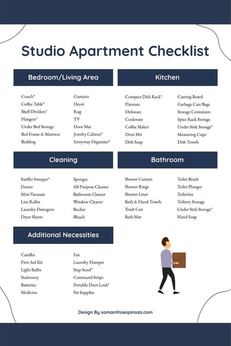 Apartment Checklist image Studio Apartment Necessities, First Studio Apartment Checklist, Studio Apartment Checklist, Apartment Move In, Clean Shower Liner, First Studio Apartment, Living Room Checklist, Studio Apartment Storage, Moving Out Checklist