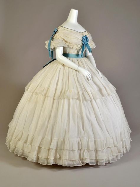 Rate the Dress: White dresses with blue satin sashes - The Dreamstress Victorian Ball Gowns, 1860s Dresses, 1860 Fashion, Kent State University, Kent State, 1800s Fashion, Century Dress, 19th Century Fashion, Old Dresses