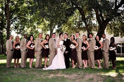 Tan Tuxedo Wedding, Tan Groomsmen, Bridesmaids In Black, Black Groomsmen, Tan Bridesmaids, Black Tuxedo Wedding, Shotgun Wedding, Tan Wedding, Black Bridesmaid