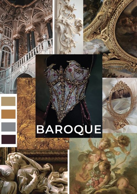 Baroque Mood Board, Baroque Color Palette, Baroque Art Design, Barocco Aesthetic, Baroque Aesthetic, Baroque Interior Design, Mood Board Fashion Inspiration, Victorian Era Fashion, Festival Outfits Rave