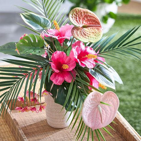 Tropical Hibiscus Arrangement | Projects | Michaels Hibiscus Arrangement, Tropical Flower Arrangements Diy, Hawaiian Flower Arrangements, Hibiscus Wedding, Tropical Wedding Centerpieces, Tropical Centerpieces, Tropical Floral Arrangements, Tropical Wedding Decor, Tropical Flower Arrangements