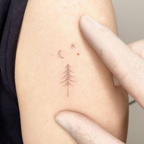 Pine Tree Tattoo Behind Ear, Forest Tattoo Small Simple, Pine Tattoo Minimalist, Sun And Pine Tree Tattoo, Best Friend Tree Tattoos, Forest Minimalist Tattoo, Pnw Small Tattoo, Line Work Tree Tattoo, Forest Tattoos Simple