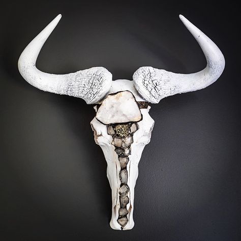 Jamie Dietrich Designs on Instagram: “Our South African Wildebeest Skulls will definitely have your guests talking! We have a variety of skulls to choose from that are adorned…” Black Deer Skull Decor, Animal Skull Display, Skull Taxidermy Art, Antelope Skull, Gothic Animal Skull Decor, Concrete Outdoor Table, Glam Lighting, Glam Furniture, Eclectic Furniture