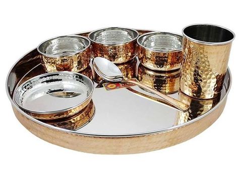 9 Great Kitchen Tools To Bring Back From India: Thali Set Thali Plate, India Crafts, Indian Dinner, Copper Utensils, Copper Cookware, Dinner Service, Dessert Spoons, Dinner Set, Dinner Sets