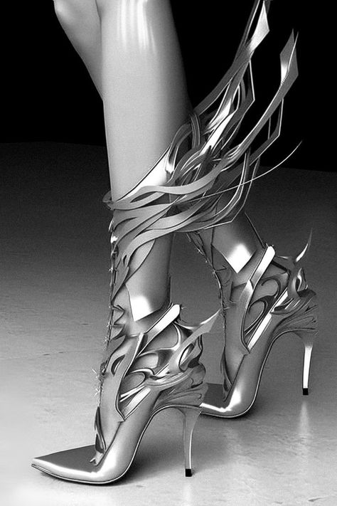 Futuristic Footwear, Chrome Fashion, Futuristic Elegance, Hero Concept, Textiles Gcse, Princess Heels, Victorian Shoes, My Generation, Futuristic Shoes