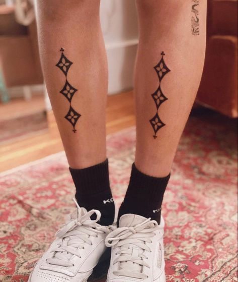 Elbow Band Tattoo, Small Filled In Tattoo, Mismatched Tattoos, Delicate Shin Tattoo, Knee Geometric Tattoo, Small Tile Tattoo, Knee Tattoo Symmetrical, Tall Tattoo, Symmetrical Shin Tattoo