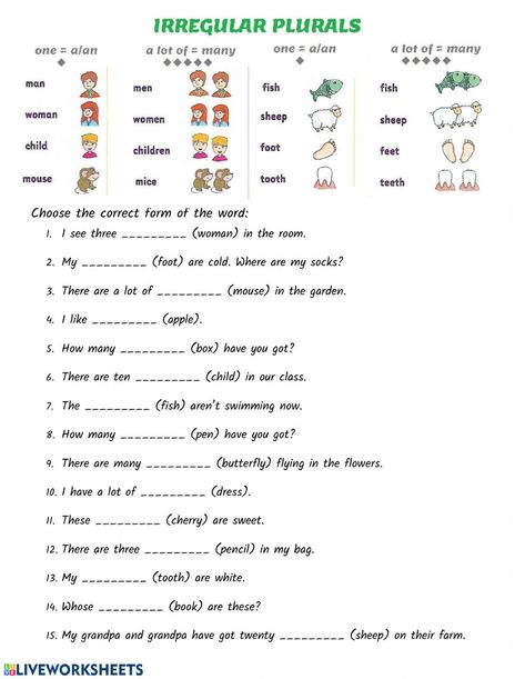 Irregular plurals online worksheet for Beginner(pre-A1). You can do the exercises online or download the worksheet as pdf. Singular Plural Worksheets Grade 3, Irregular Nouns Worksheets, Singular Plural Worksheets, Singular And Plural Nouns Worksheet, Irregular Plural Nouns Worksheet, Nouns Exercises, Irregular Nouns, Plurals Worksheets, Plural Nouns Worksheet